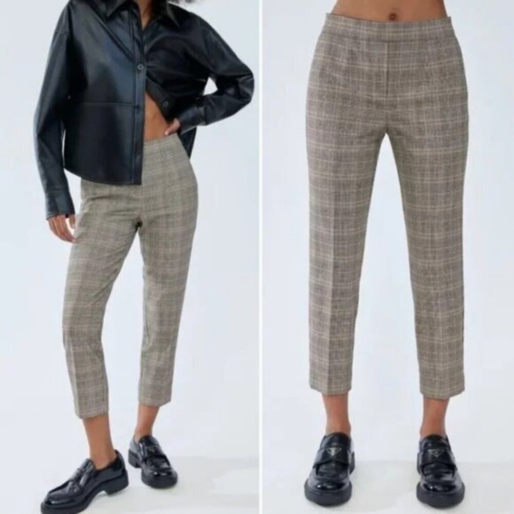 Aritzia Babaton Conan Cropped Plaid Pull On Trousers Size 2 Tan / Black / Yellow